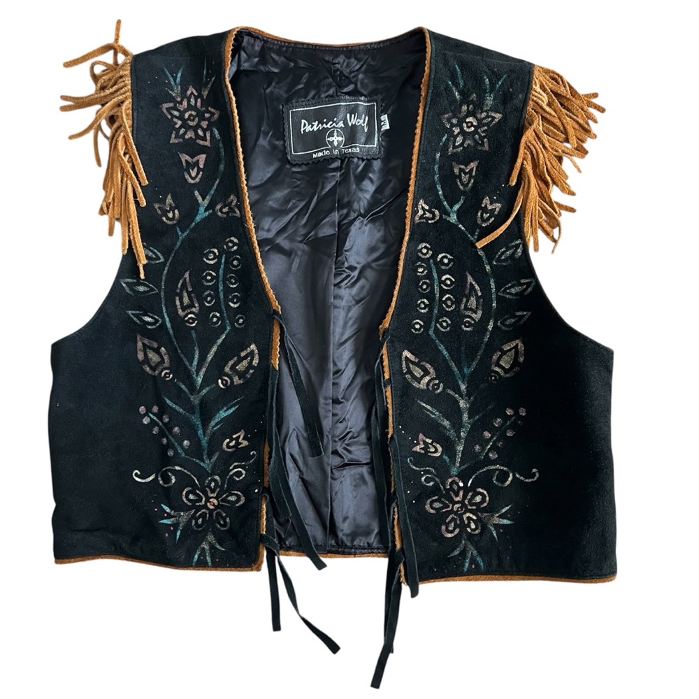 Vintage Patricia Wolf Floral Suede Fringe Black Vest